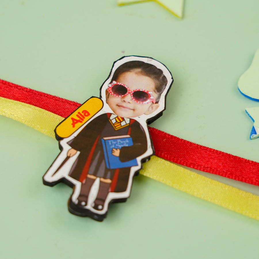 Photo Personalized Hermoine Mdf Wood Kids Rakhi With Roli Chawal - Close-up of Personalized Pin