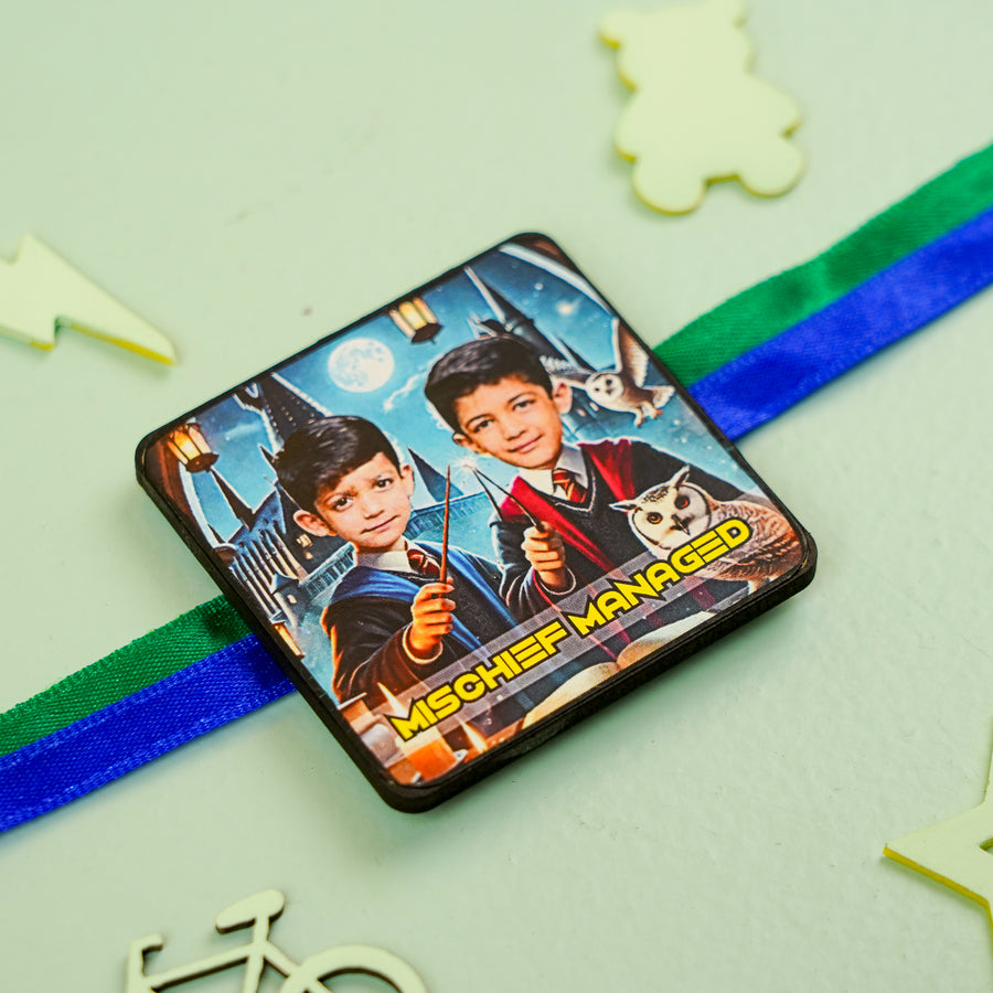 Photo Personalized Handmade Reusable Caricature Mischief Managed Mdf Wood Rakhi With Roli Chawal For Siblings - Close-up of Customized Rakhi