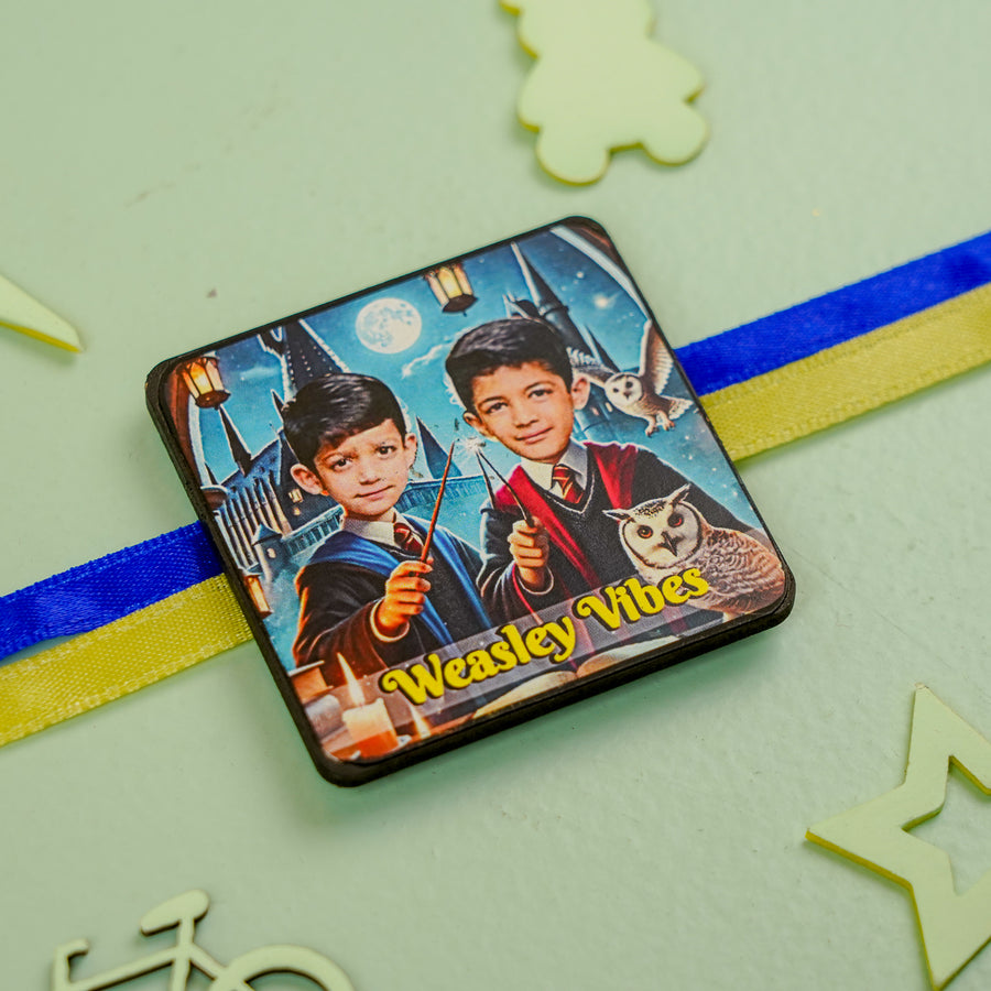 Photo Personalized Handmade Reusable Caricature Weasley Vibes Mdf Wood Rakhi With Roli Chawal For Siblings - Close-up of Printed Design