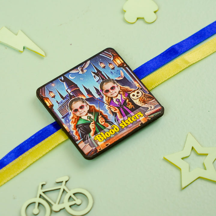 Photo Personalized Handmade Reusable Caricature Blood Sisters Mdf Wood Rakhi With Roli Chawal For Sisters - Close-up of square badge