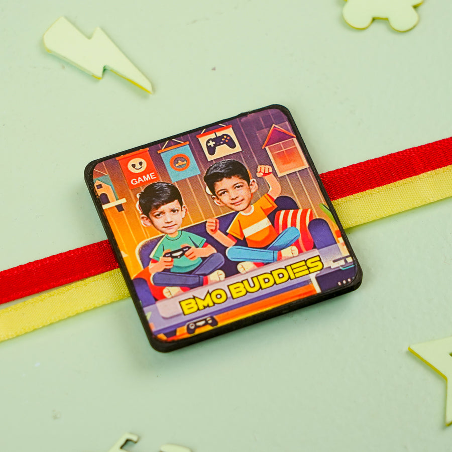 Photo Personalized Handmade Reusable Caricature Bmo Buddies Mdf Wood Rakhi With Roli Chawal For Siblings - Close-up Front View