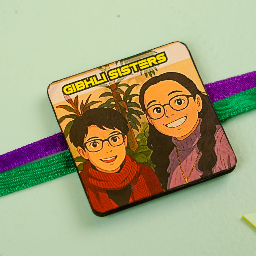 Photo Personalized Handmade Reusable Caricature Ghibli Sisters Ghibli Brother Sister Ghible Brother Duo Mdf Wood Rakhi With Roli Chawal For Siblings - Close-up Front View