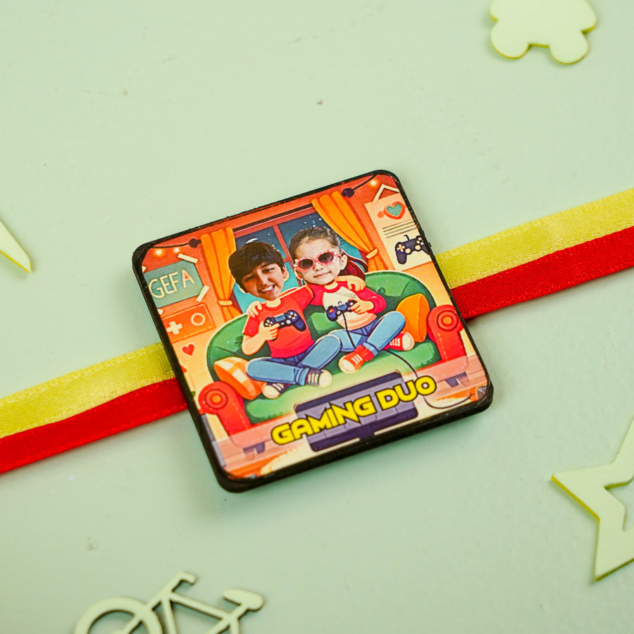 Photo Personalized Handmade Reusable Caricature Gaming Duo Mdf Wood Rakhi With Roli Chawal For Siblings - Close-up of product badge