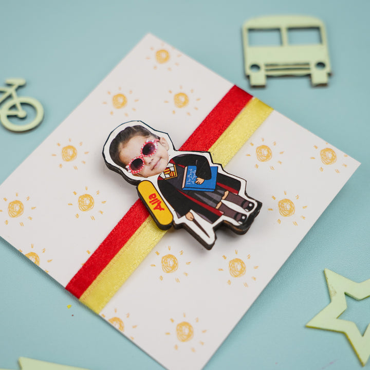 Photo Personalized Hermoine Mdf Wood Kids Rakhi With Roli Chawal - Angled View of Pin on Gift Card