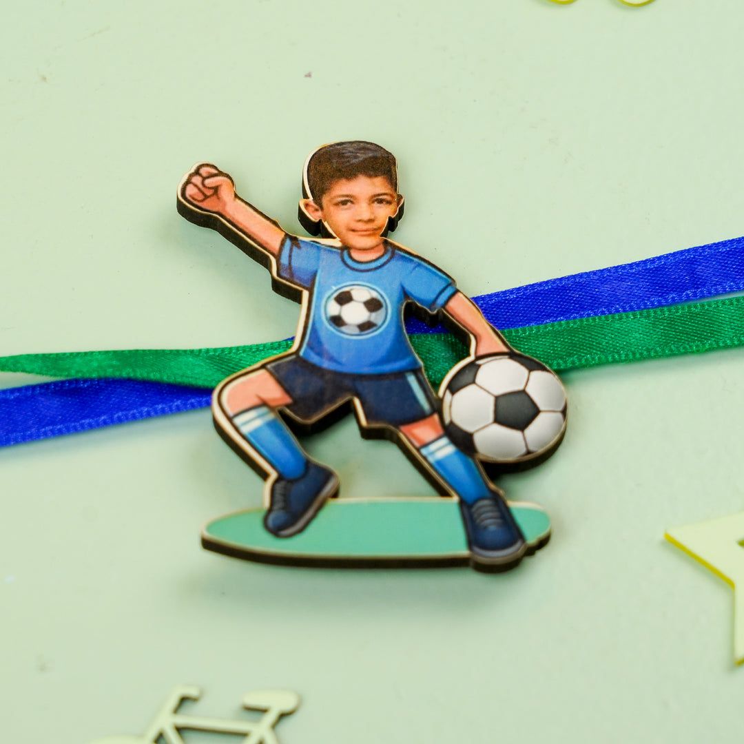 Photo Personalized Handmade Reusable Caricature Football Mdf Wood Kids Rakhi With Roli Chawal - Angled Close-up View
