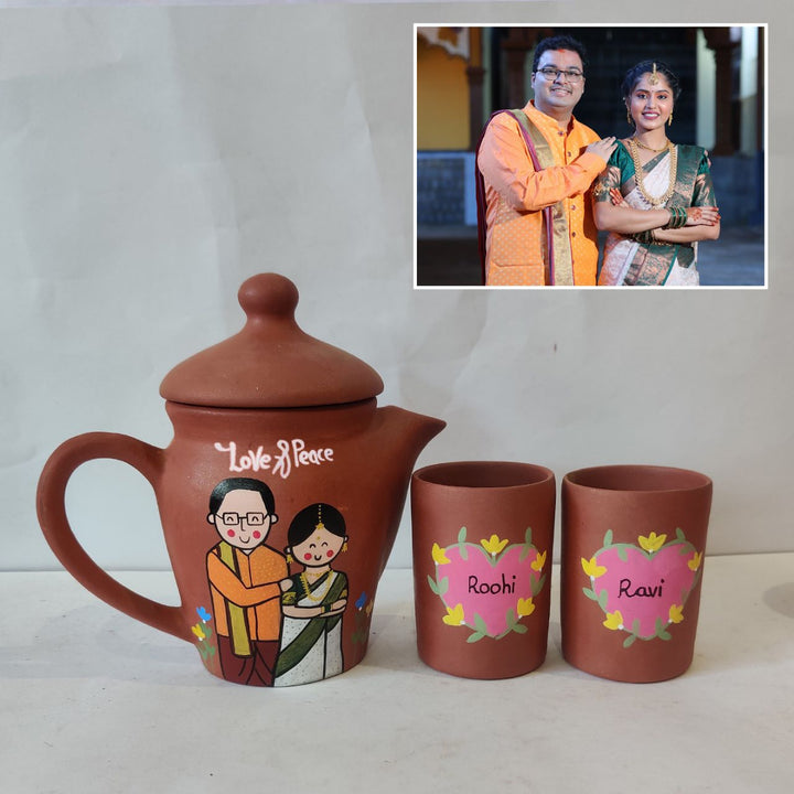 Handpainted Clay Teaset With Photo Based Caricature For Couples