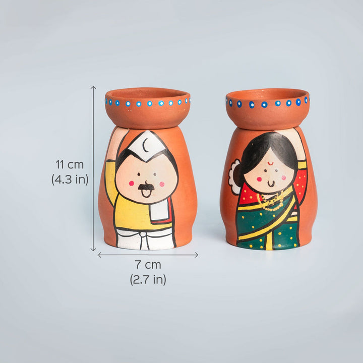 Handpainted Clay Tealight Holders with Punjabi Couple | Set of 2