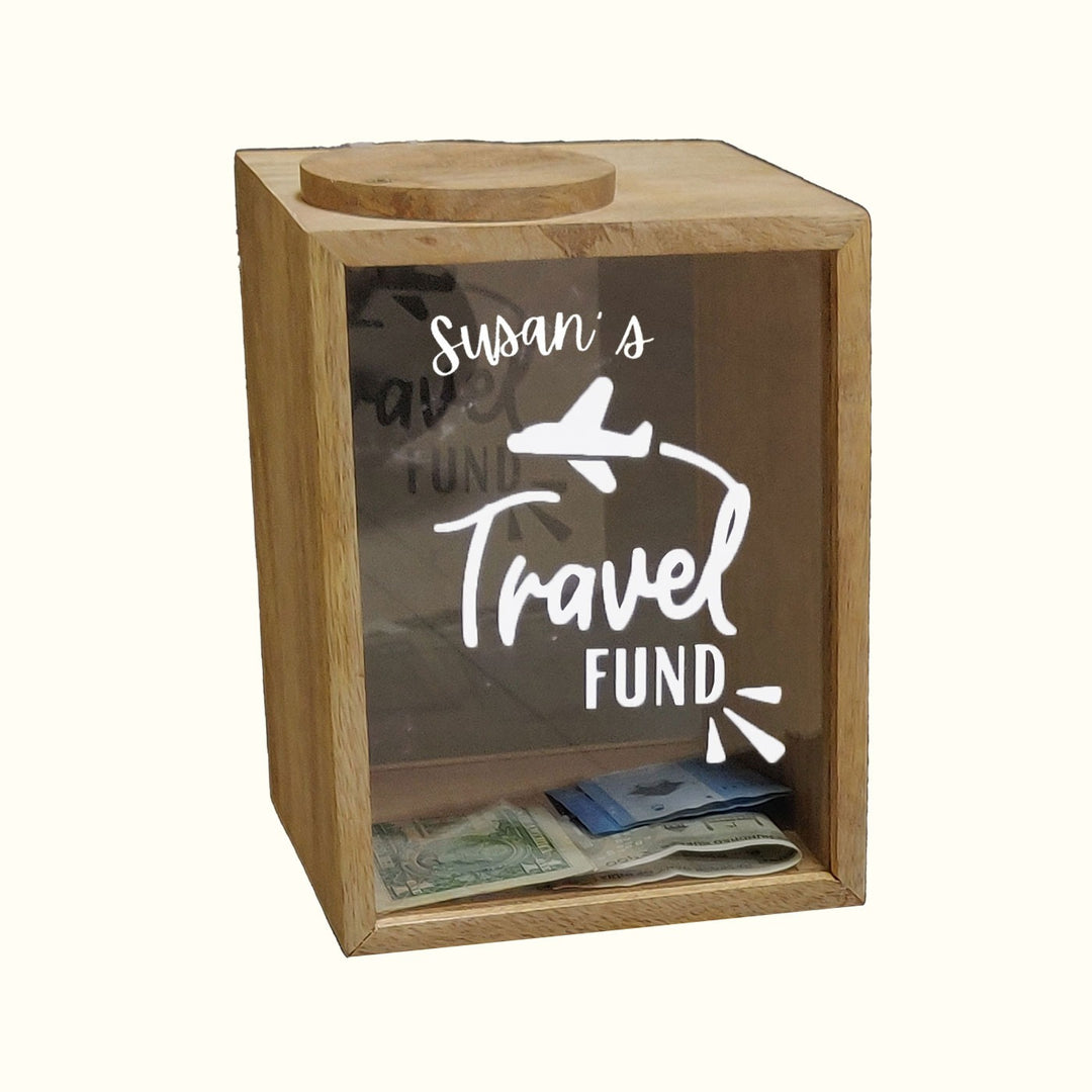 Personalized Wooden Travel Fund Piggy Bank