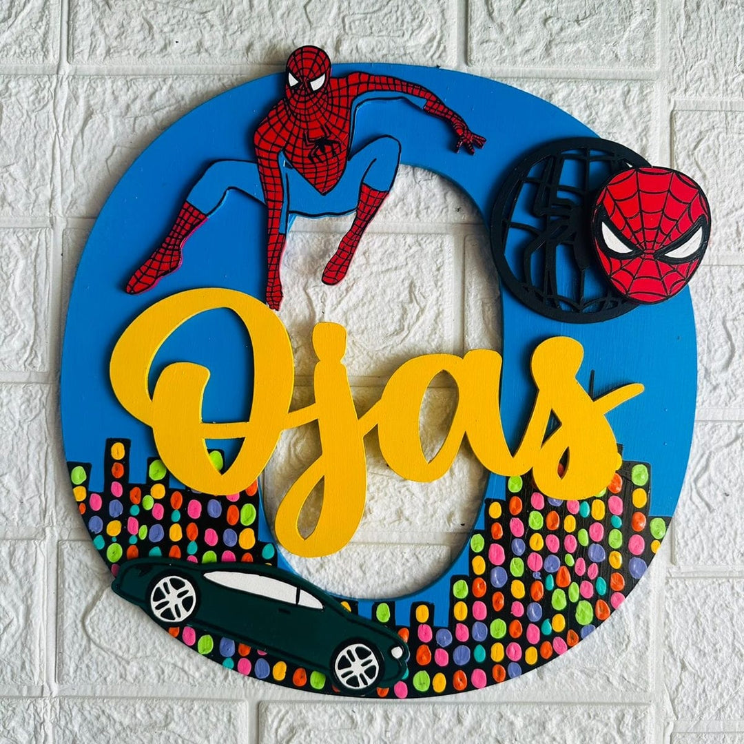 Hand Painted Personalised Kids Spiderman Themed Monogram Nameplate