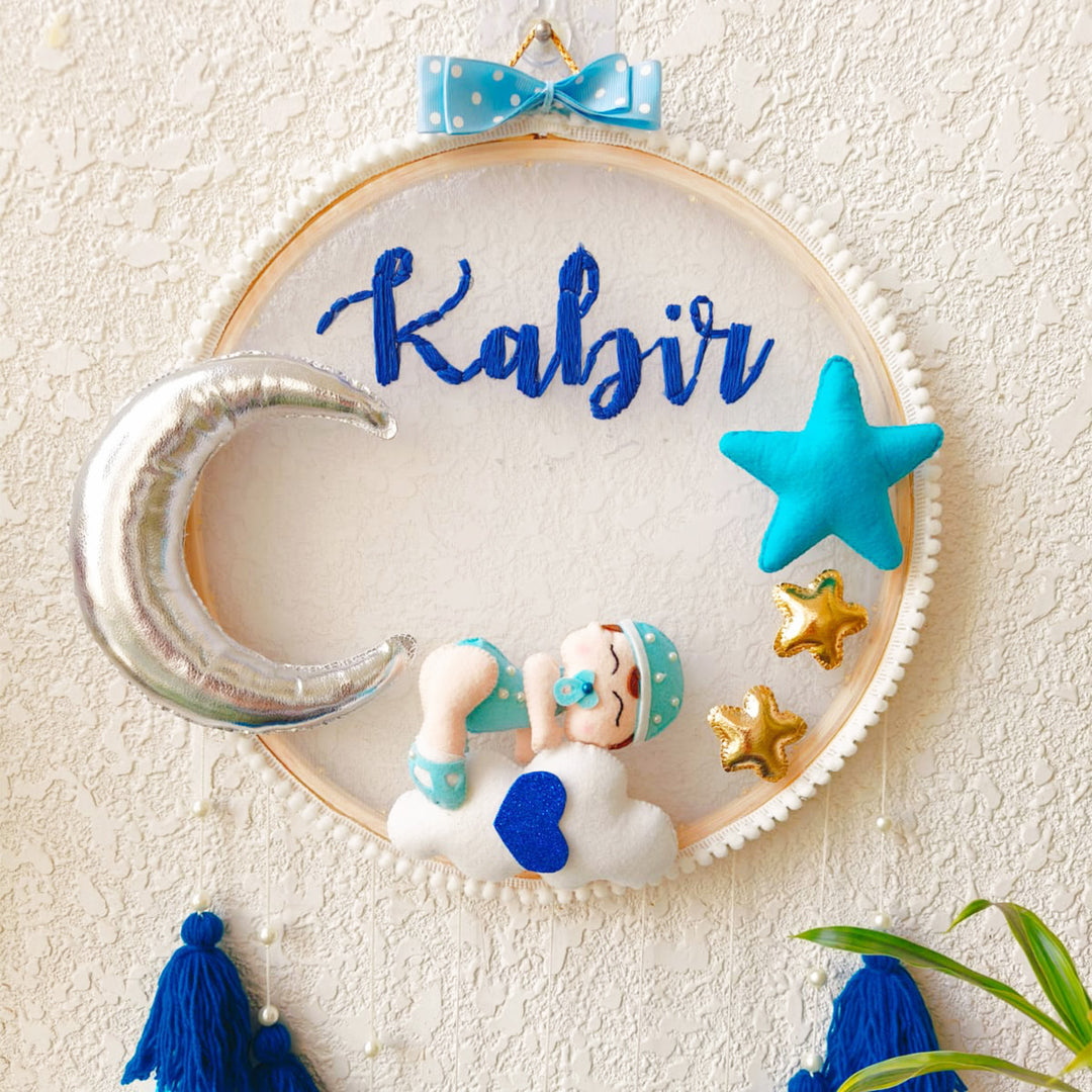Personalized Sleeping Baby Boy Theme Kids Name Plate With Tassels