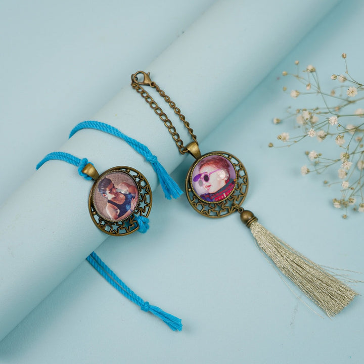 Photo Personalized Reusable Antique Bhaiya Bhabhi Rakhi With Roli Chawal Set Of 2 - Two Personalized Bracelets Display