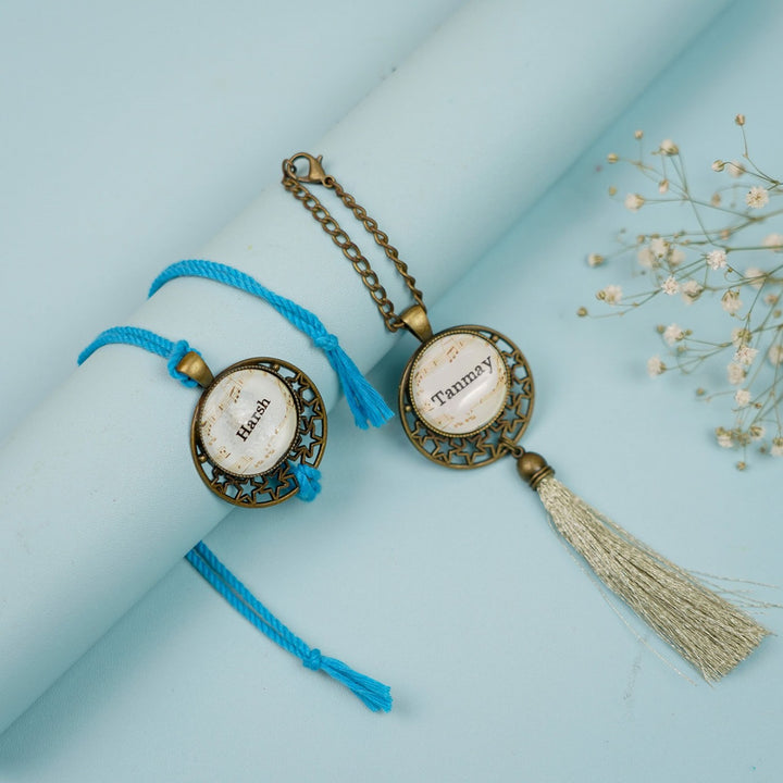 Photo Personalized Reusable Antique Bhaiya Bhabhi Rakhi With Roli Chawal Set Of 2 Copy - Two Bracelets Displayed Together