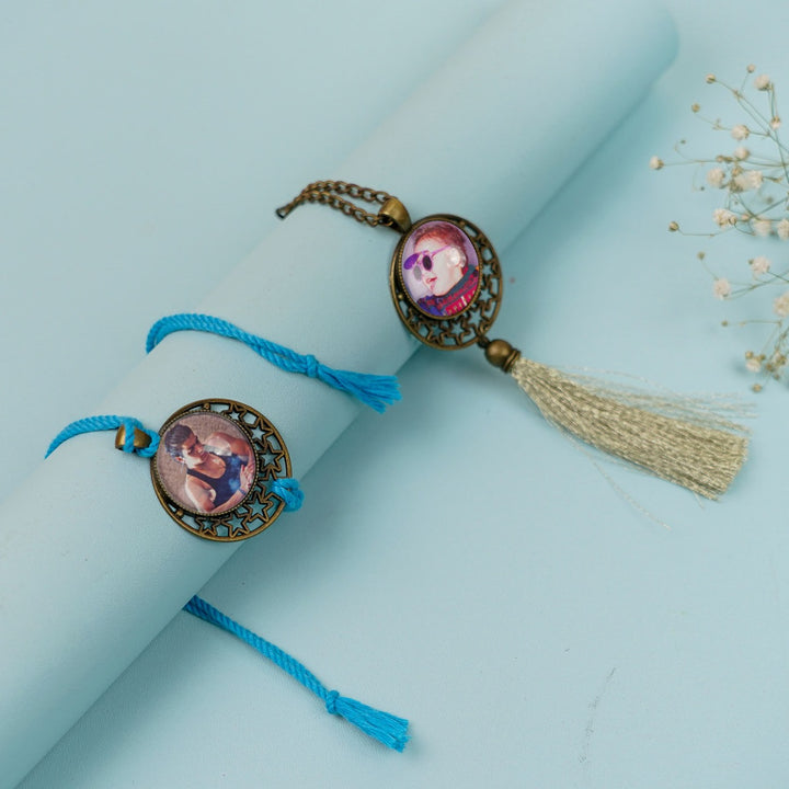 Photo Personalized Reusable Antique Bhaiya Bhabhi Rakhi With Roli Chawal Set Of 2 - Bracelets with Tassel View