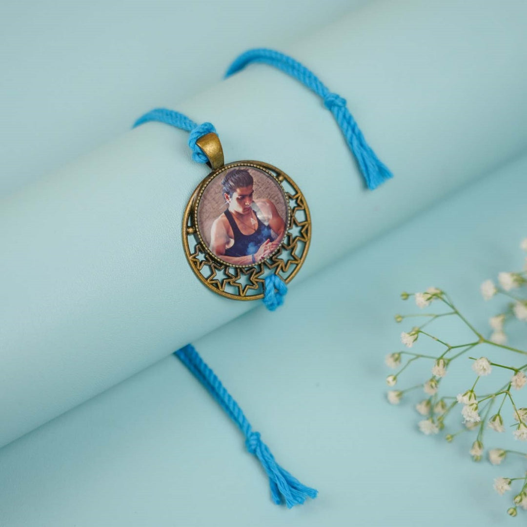 Photo Personalized Reusable Antique Bhaiya Bhabhi Rakhi With Roli Chawal Set Of 2 - Single Bracelet Close-up