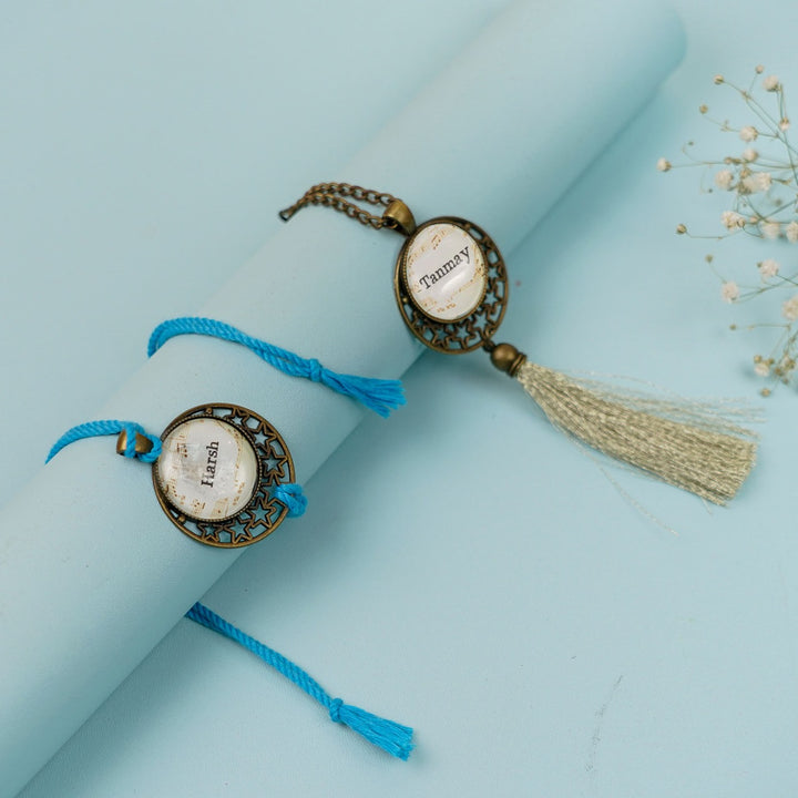 Photo Personalized Reusable Antique Bhaiya Bhabhi Rakhi With Roli Chawal Set Of 2 Copy - Bracelets Angled Side View
