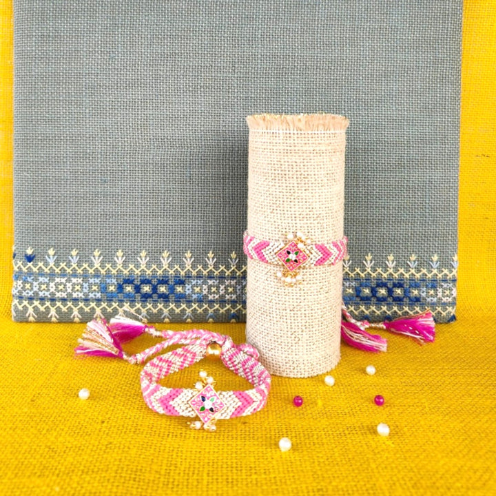 Handmade Beaded Pink With Stones Bhaiya Bhabhi Rakhi With Roli Chawal | Set Of 2