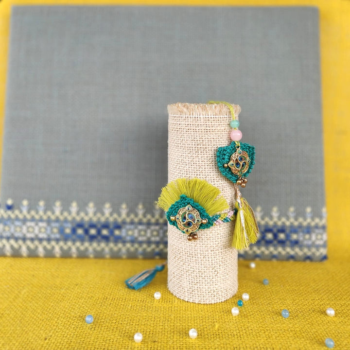 Handmade Peacock Feather Bhaiya Bhabhi Rakhi With Roli Chawal | Set Of 2