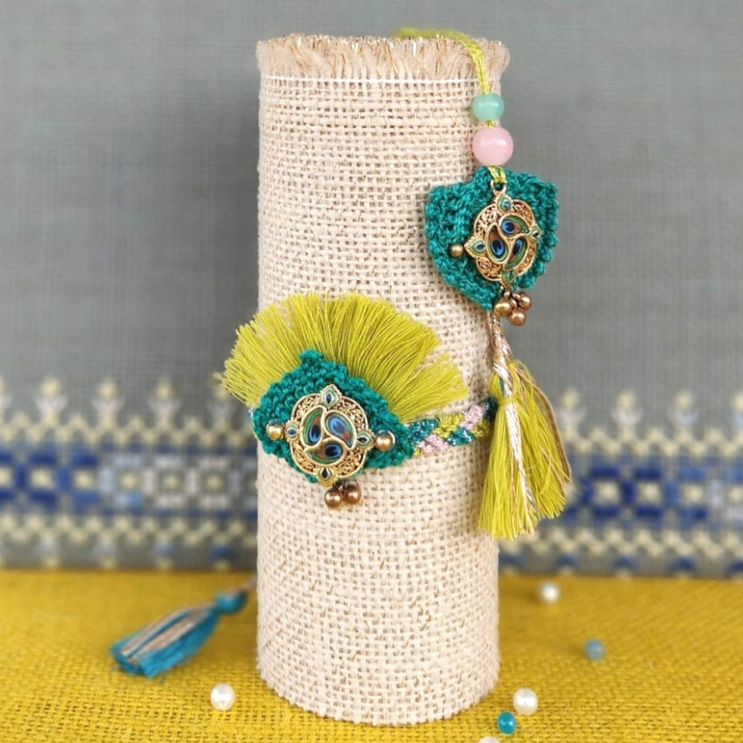 Handmade Peacock Feather Bhaiya Bhabhi Rakhi With Roli Chawal | Set Of 2
