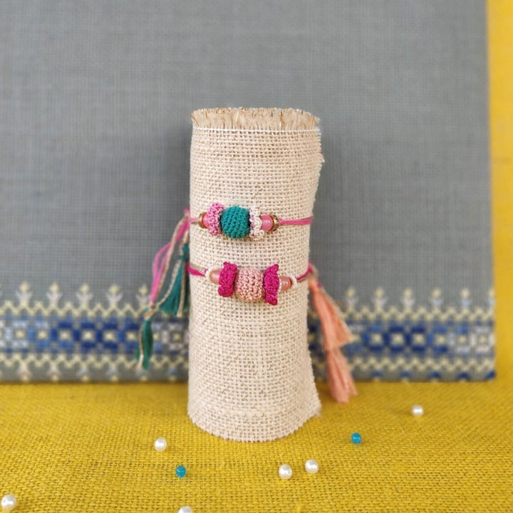 Handmade Crochet Round Bead Embellished Rakhi With Roli Chawal For Brother | Set Of 2