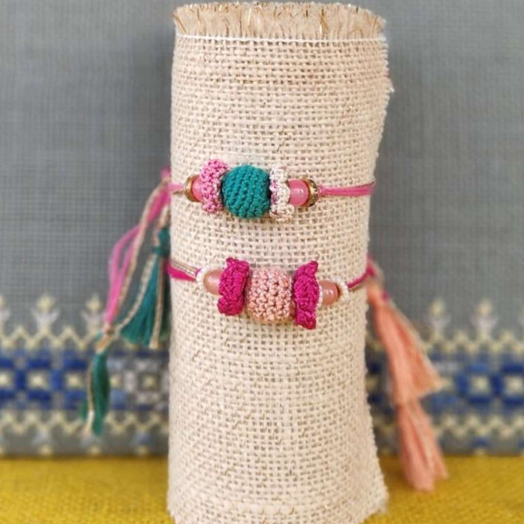 Handmade Crochet Round Bead Embellished Rakhi With Roli Chawal For Brother | Set Of 2