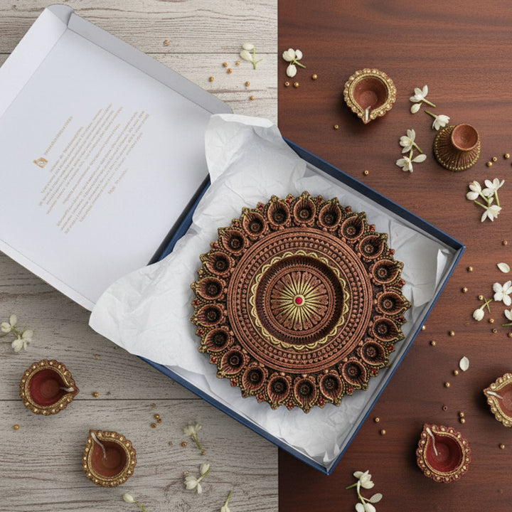Handmade Large Decorative 21 Terracotta Diya & Urli Platter | 14 inch