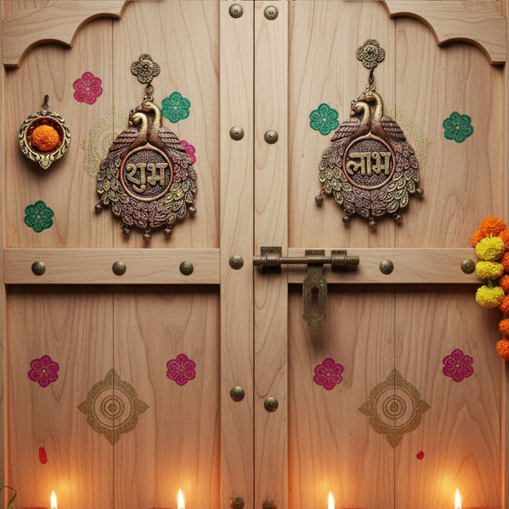 Handmade Peacock Subh Labh Terracotta Hanging | Set Of 2