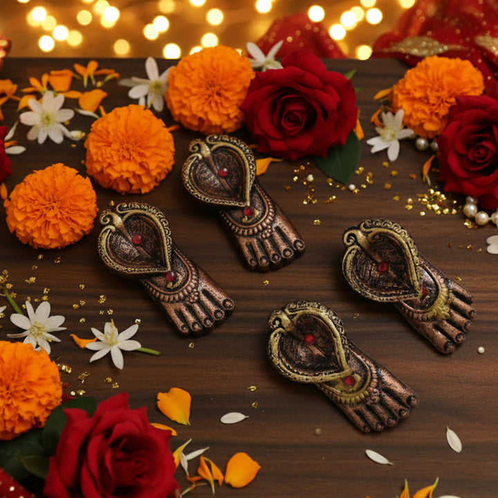 Handmade Laxmi Charan Paduka Terracotta Oil Lamp / Diya | Set of 4