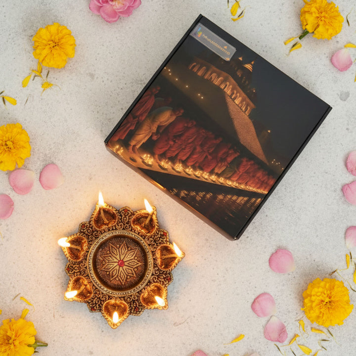 Handmade Small Decorative 7 Terracotta Diya & Urli Platter | 9 inch