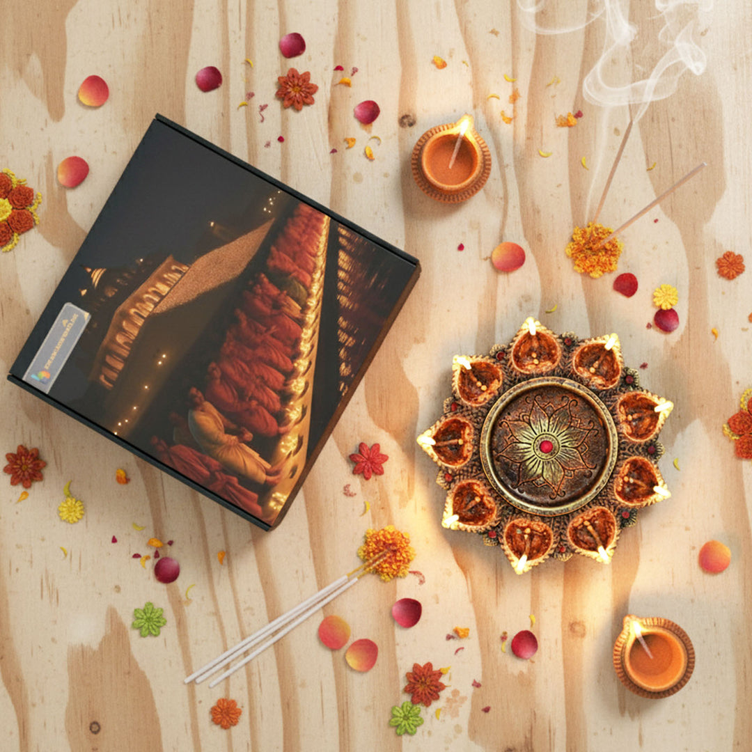 Handmade Small Decorative 9 Terracotta Diya & Urli Platter | 9 inch
