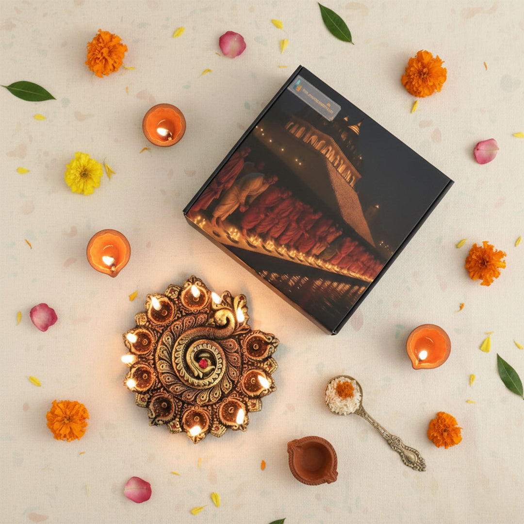Handmade Peacock With 9 Terracotta Diya Platter | 9.5 inch