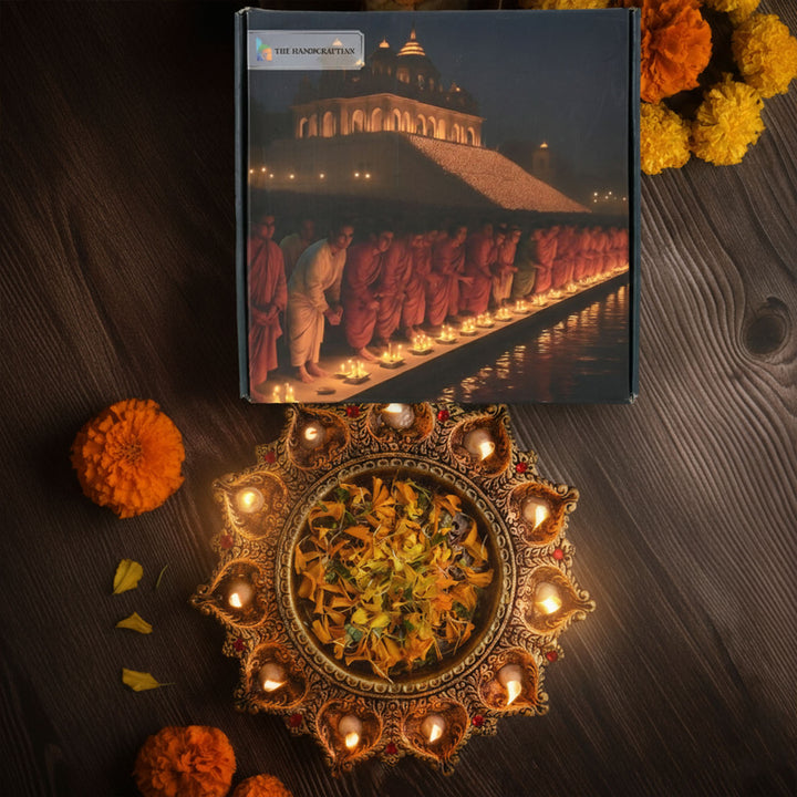 Handmade Medium Decorative 11 Terracotta Diya & Urli Platter | 10.5 inch