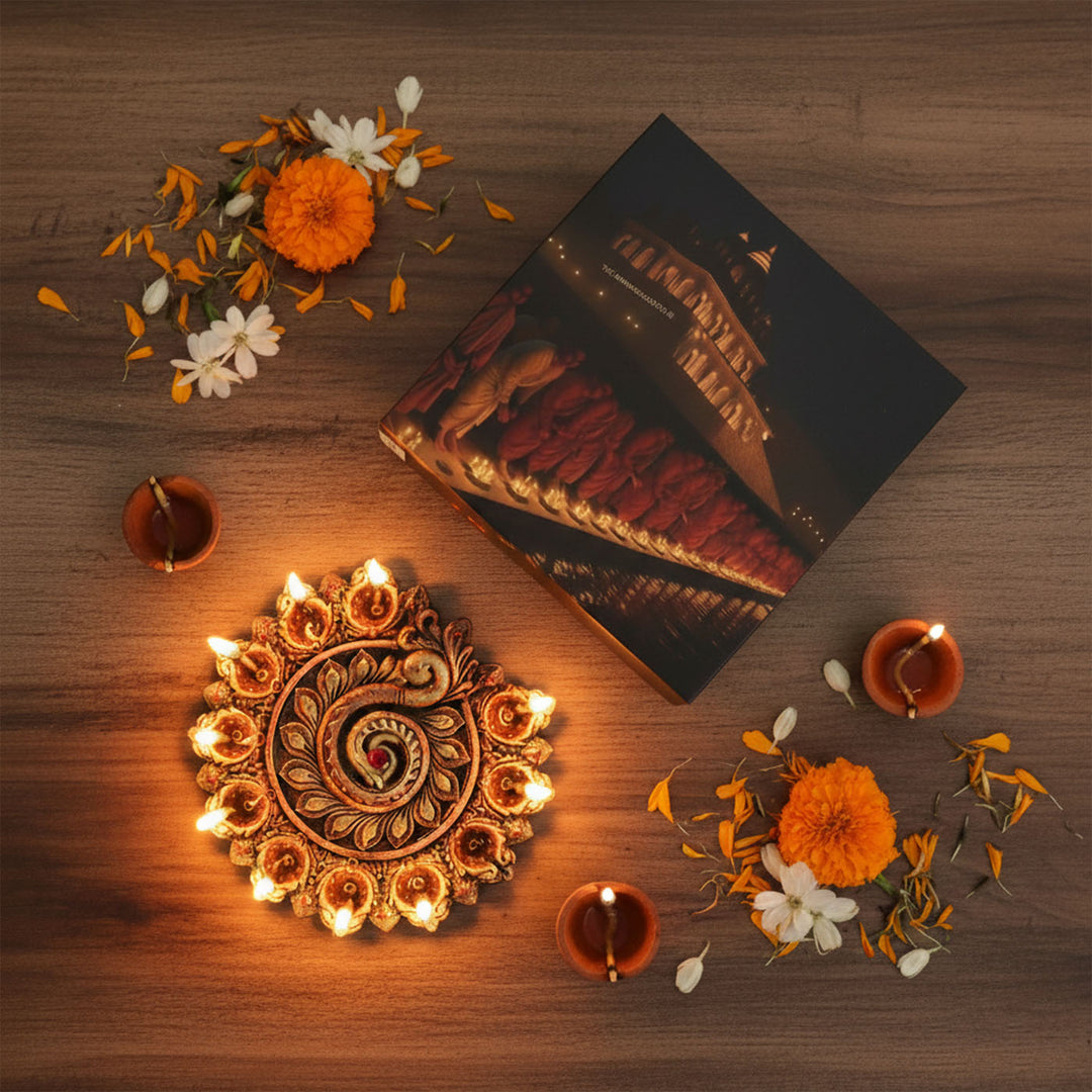 Handmade Peacock With 11 Terracotta Diya Platter | 10 inch