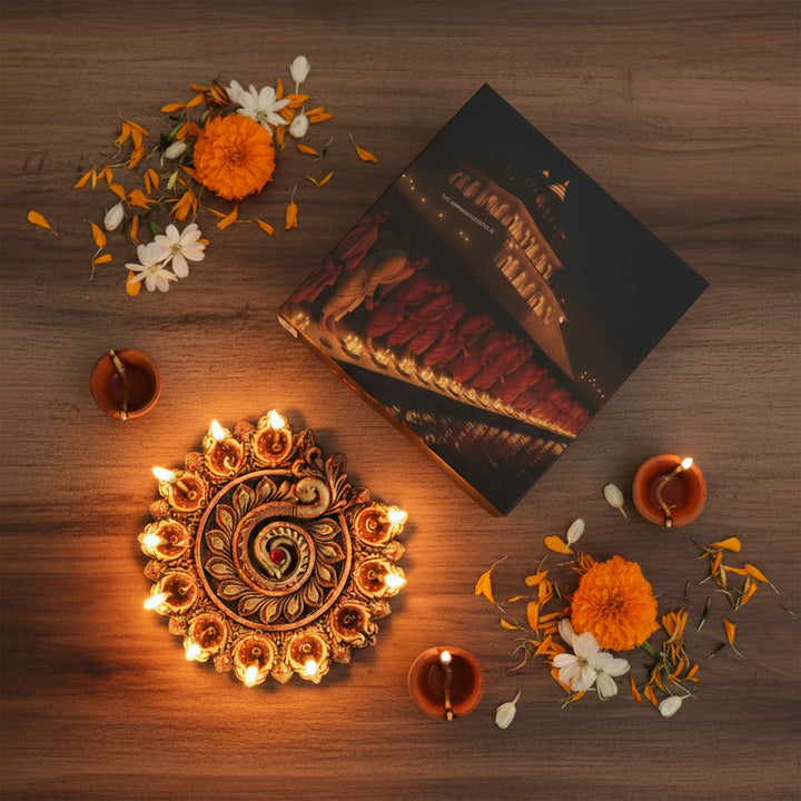 Handmade Peacock With 11 Terracotta Diya Platter | 10 inch