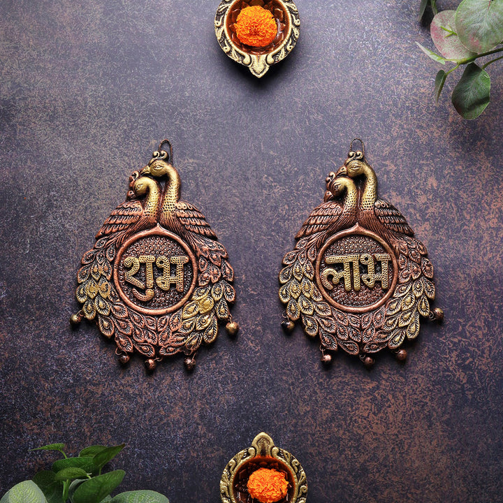 Handmade Peacock Subh Labh Terracotta Hanging | Set Of 2