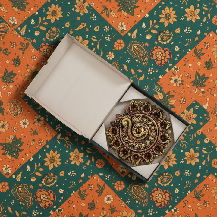Handmade Peacock With 11 Terracotta Diya Platter | 10 inch