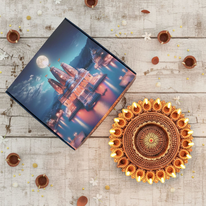Handmade Large Decorative 21 Terracotta Diya & Urli Platter | 14 inch