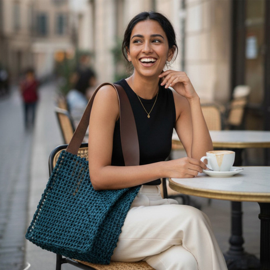 Handmade Grass Woven Box Shaped Leather Strap Indigo Sabai Mesh Tote Bag