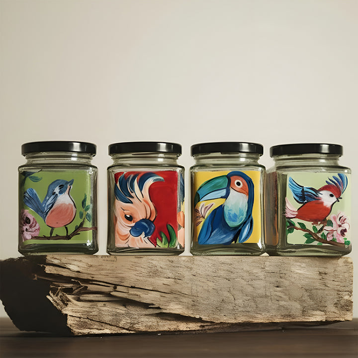 Hand-Painted Tropical Birdies Glass Storage Container | Set Of 4