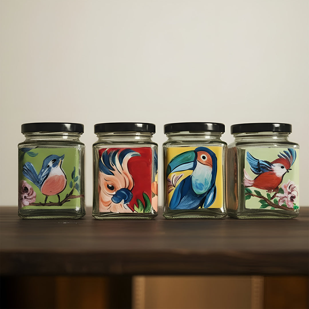 Hand-Painted Tropical Birdies Glass Storage Container | Set Of 4