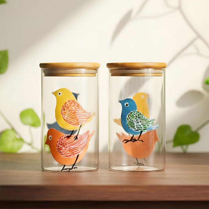 Hand-Painted Birdies Theme Glass Storage Container