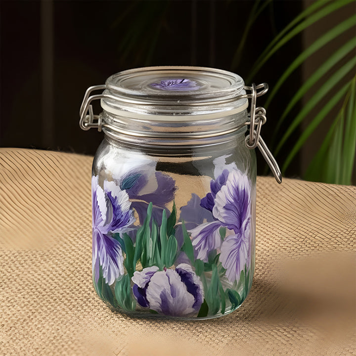 Hand-Painted Iris Theme Glass Storage Container