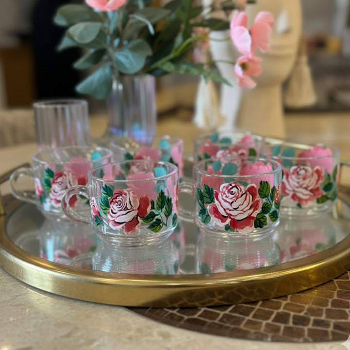 Hand-Painted Pink Roses Glass Tea Cups