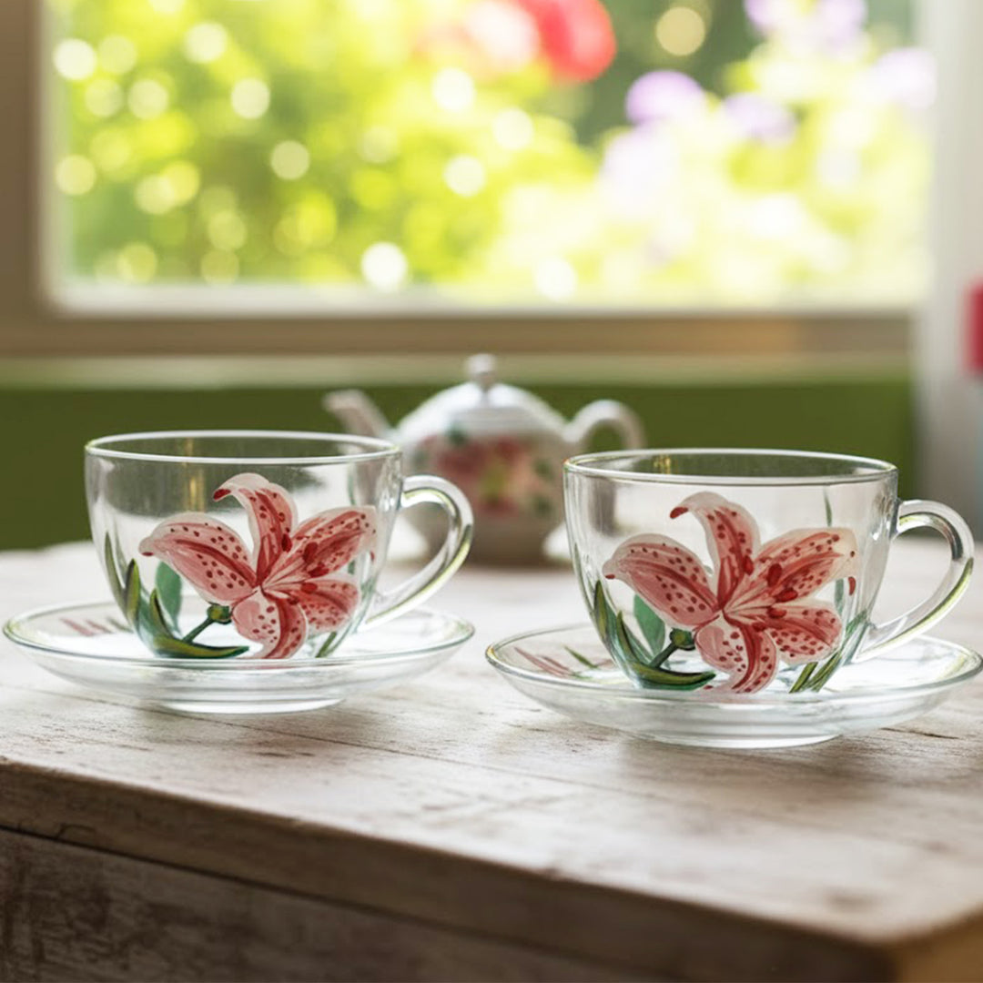 Hand-Painted Lily Glass Tea Cups With Saucers