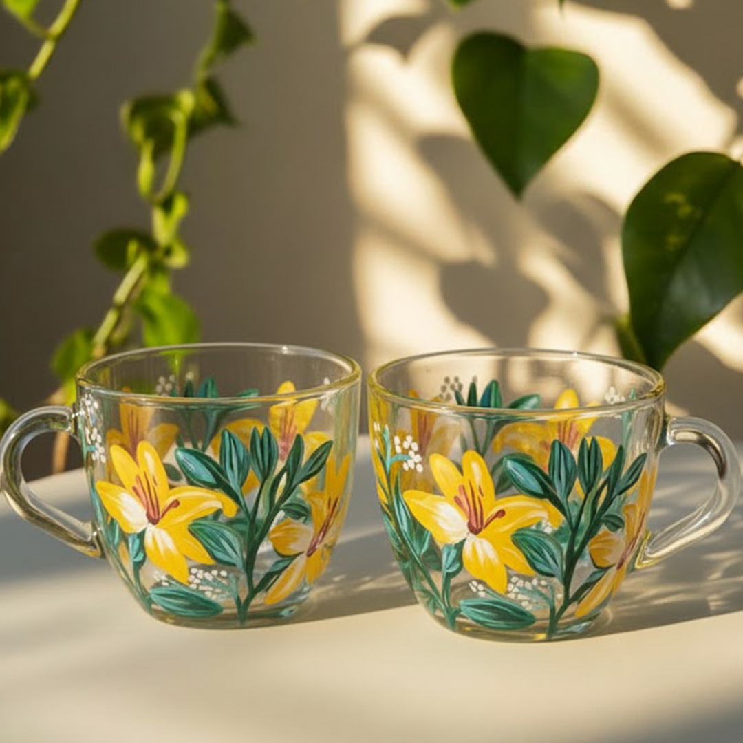 Hand-Painted Lily Glass Tea Cups