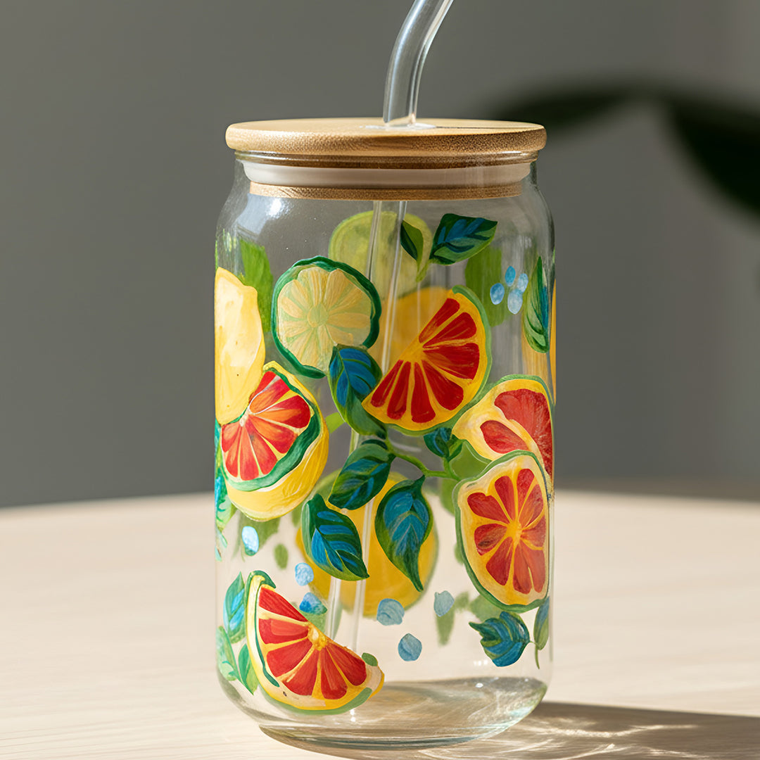 Hand-Painted Lime Light Glass Tumbler With Straw