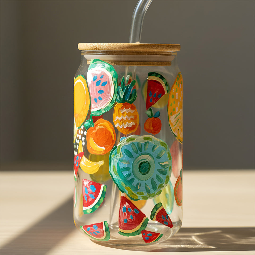 Hand-Painted Fruit Pop Glass Tumbler With Straw