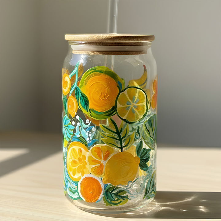 Hand-Painted Citrus Bloom Glass Tumbler With Straw