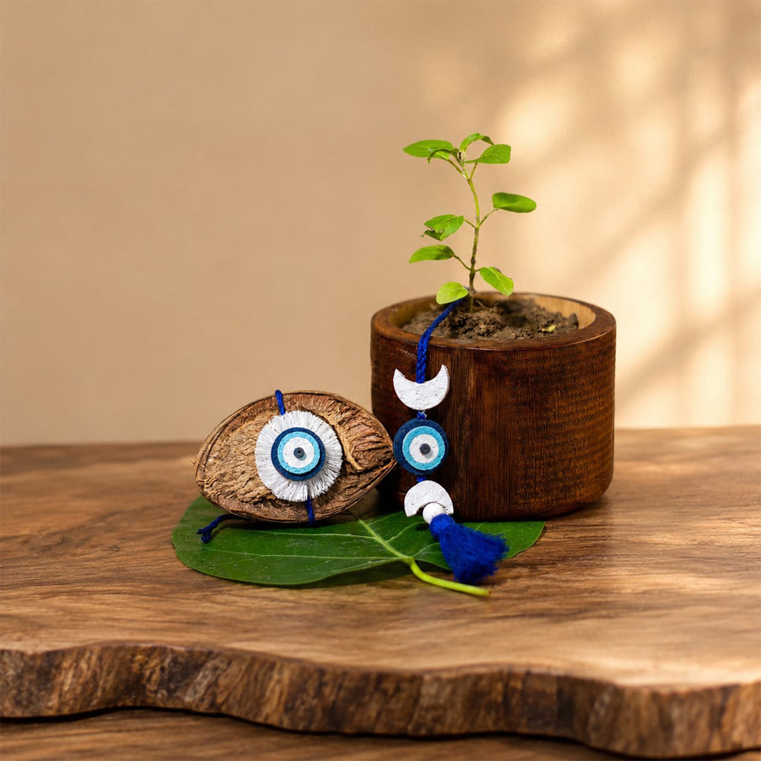 Plantable Nazarbattu Rakhi-Lumba Grow Box With Wooden Planter & Roli-Chawal For Bhaiya Bhabhi | Set of 2