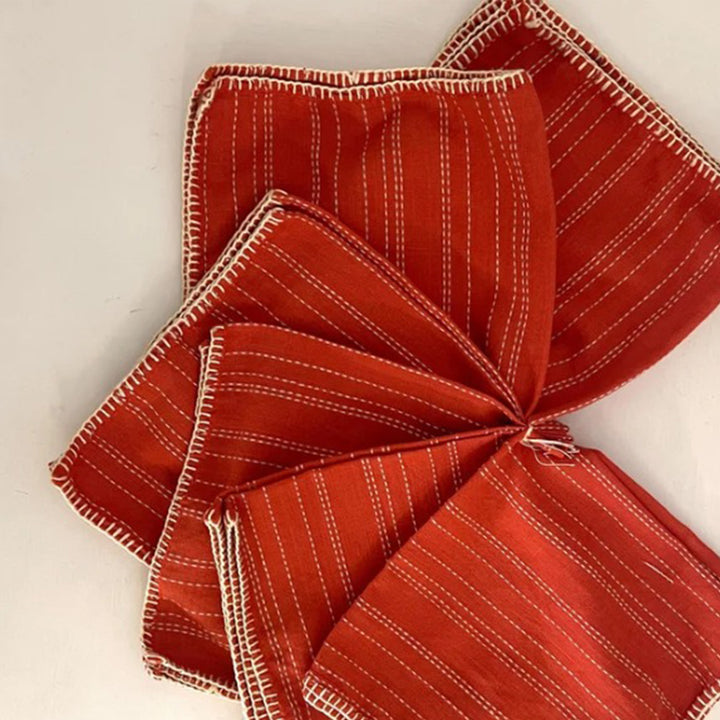 6 Pc | "Orange Stripe" Handcrafted Woven Cotton Cloth Napkin Set For Festive Dining
