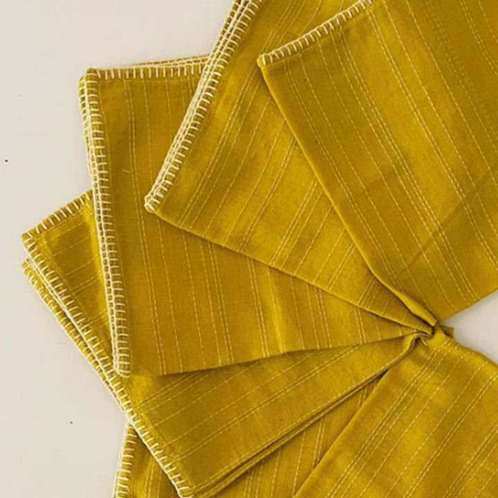 6 Pc | "Yellow Stripe" Handcrafted Woven Cotton Cloth Napkin Set For Festive Dining